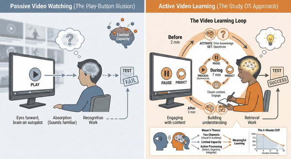 Infographic illustrating the Video Learning Loop framework, showing the Pause-Predict-Process cycle that transforms passive video watching into active learning with retrieval practice