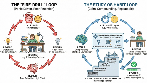 Infographic illustrating the Study OS Habit Loop framework, showing Cue, Routine, Reward, and Reflection components for building study habits