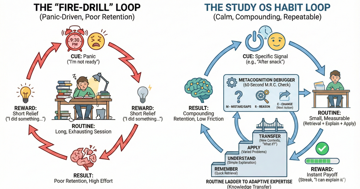 Infographic illustrating the Study OS Habit Loop framework, showing Cue, Routine, Reward, and Reflection components for building study habits