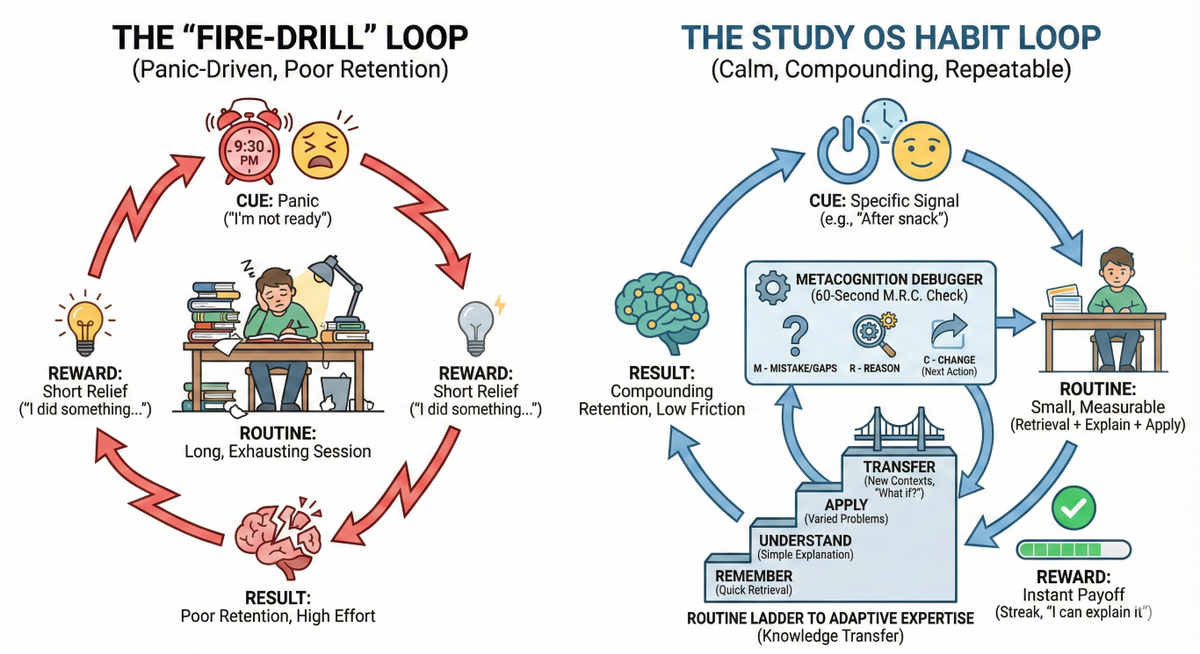 Infographic illustrating the Study OS Habit Loop framework, showing Cue, Routine, Reward, and Reflection components for building study habits