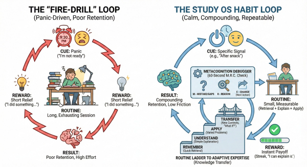Infographic illustrating the Study OS Habit Loop framework, showing Cue, Routine, Reward, and Reflection components for building study habits