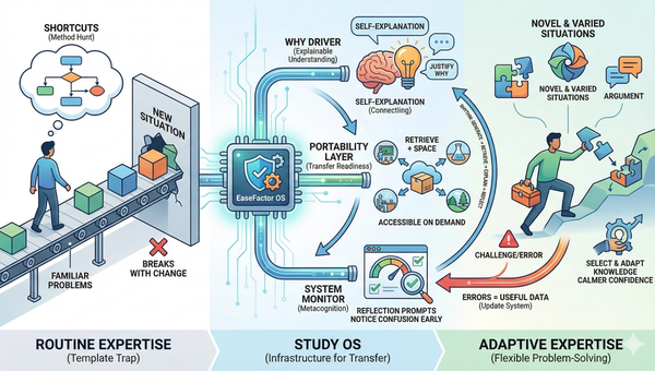 Infographic illustrating how a Study OS transforms rigid rote learning into adaptive expertise for flexible problem-solving in novel situations.