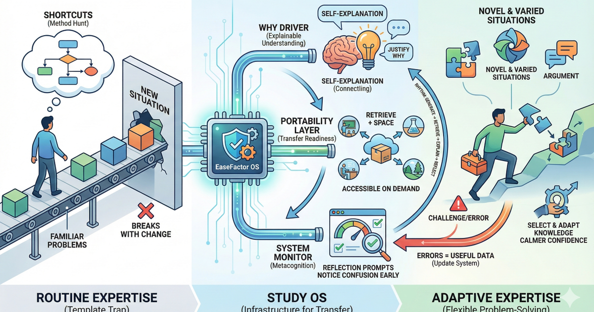 Infographic illustrating how a Study OS transforms rigid rote learning into adaptive expertise for flexible problem-solving in novel situations.