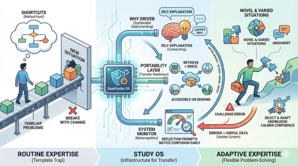 Infographic illustrating how a Study OS transforms rigid rote learning into adaptive expertise for flexible problem-solving in novel situations.