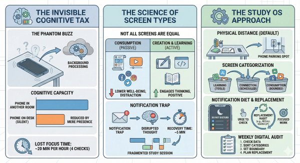 Infographic illustrating the Phantom Buzz effect, showing how smartphone proximity drains cognitive capacity and how intentional digital balance supports focused studying