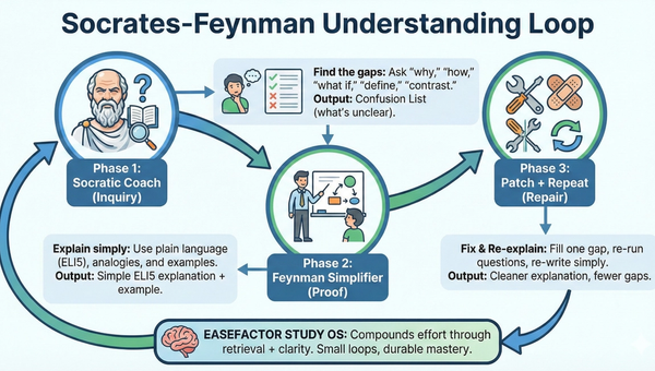 An infographic of the Socrates-Feynman Understanding Loop, illustrating a three-phase cycle of Inquiry, Proof, and Repair designed to turn passive study into durable mastery.