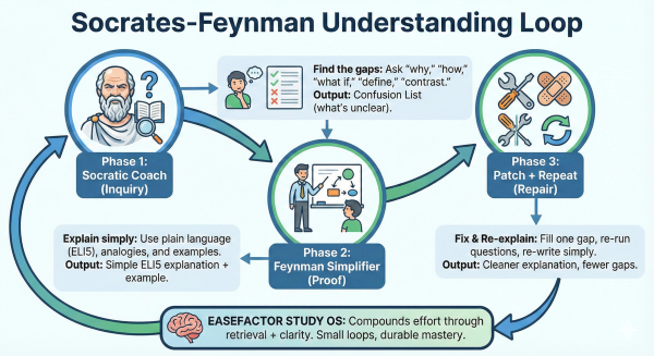 An infographic of the Socrates-Feynman Understanding Loop, illustrating a three-phase cycle of Inquiry, Proof, and Repair designed to turn passive study into durable mastery.