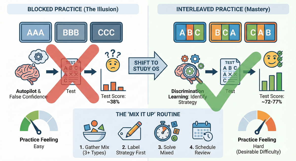 Infographic illustrating interleaved practice, showing how mixing different problem types during study sessions builds discrimination skills and nearly doubles test performance compared to blocked practice