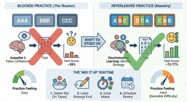 Infographic illustrating interleaved practice, showing how mixing different problem types during study sessions builds discrimination skills and nearly doubles test performance compared to blocked practice
