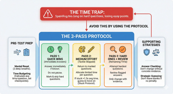 Infographic illustrating the 3-Pass Protocol for test-taking, showing how to triage questions into quick wins, medium effort, and hard problems to avoid the Time Trap