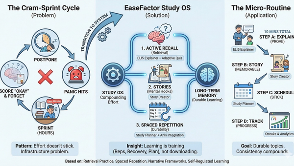 An infographic that outlines the "EaseFactor Study OS," a three-part system designed to transition students from inefficient "cram-sprint" cycles to durable, long-term learning through structured micro-routines.