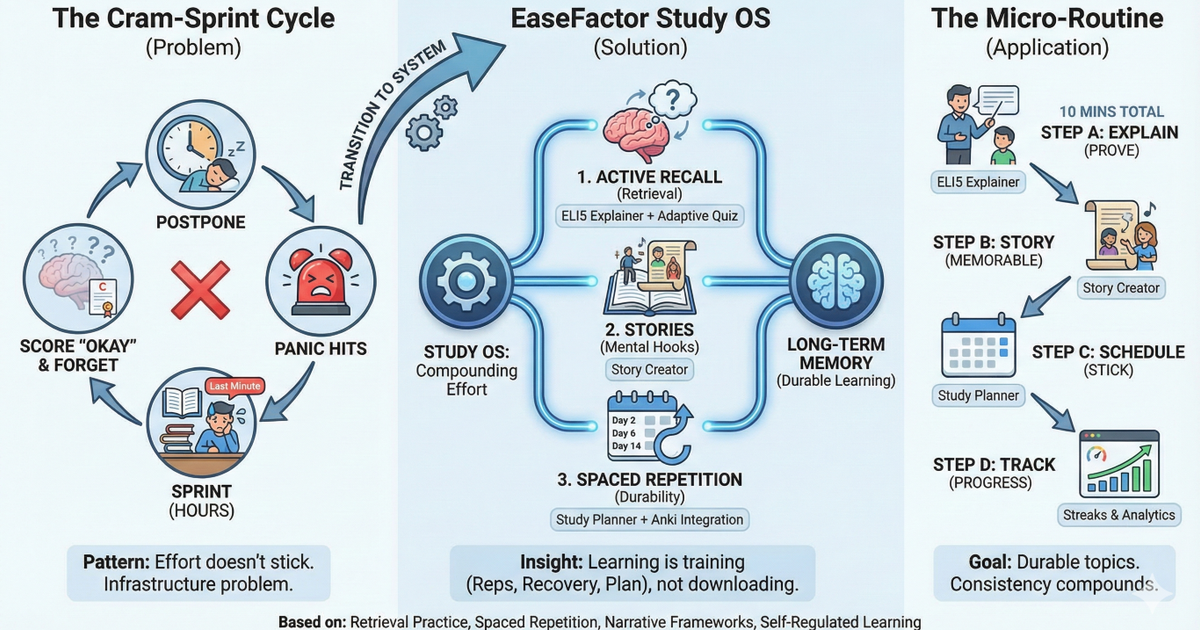 An infographic that outlines the "EaseFactor Study OS," a three-part system designed to transition students from inefficient "cram-sprint" cycles to durable, long-term learning through structured micro-routines.