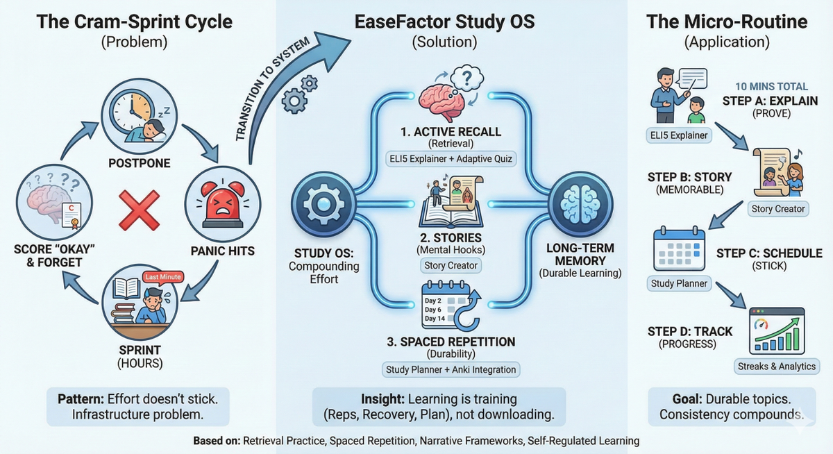 An infographic that outlines the "EaseFactor Study OS," a three-part system designed to transition students from inefficient "cram-sprint" cycles to durable, long-term learning through structured micro-routines.