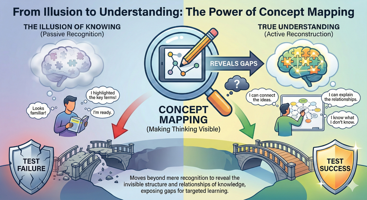 Infographic illustrating concept mapping as a visual thinking tool, showing how drawing connections between ideas reveals gaps in understanding and transforms passive familiarity into active mastery