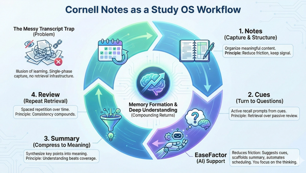 An infographic illustrating the Cornell Notes as a Study OS Workflow, featuring a four-step cycle: Notes, Cues, Summary, and Review. It highlights the central goal of Memory Formation & Deep Understanding while contrasting the "Messy Transcript Trap" with AI-supported learning via EaseFactor.