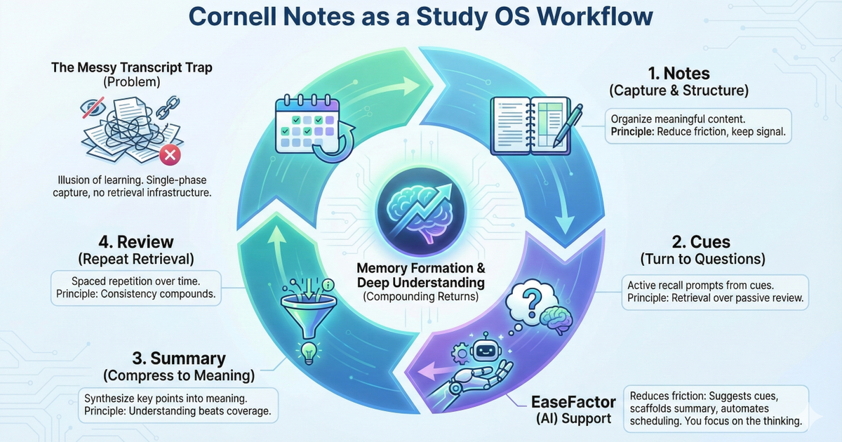 An infographic illustrating the Cornell Notes as a Study OS Workflow, featuring a four-step cycle: Notes, Cues, Summary, and Review. It highlights the central goal of Memory Formation & Deep Understanding while contrasting the "Messy Transcript Trap" with AI-supported learning via EaseFactor.