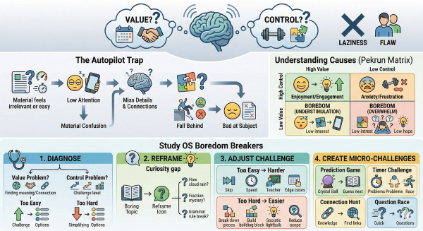 Infographic illustrating The Autopilot Trap pattern, showing how academic boredom signals a value or control problem and how to turn it into engaged learning