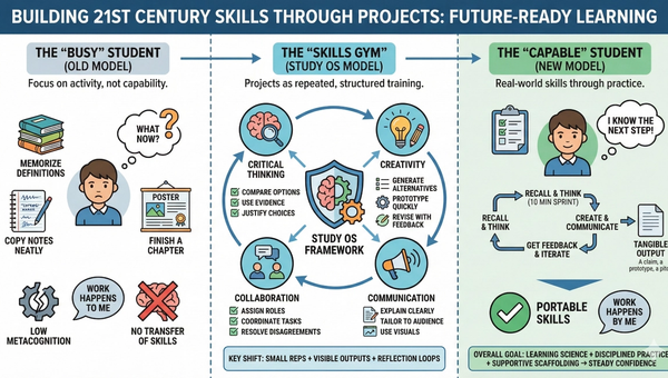 Infographic titled "Building 21st Century Skills Through Projects" comparing the "Busy Student" old model vs. the "Capable Student" new model using the Study OS Framework.