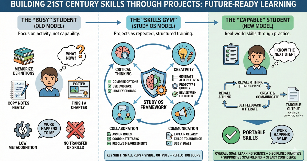 Infographic titled "Building 21st Century Skills Through Projects" comparing the "Busy Student" old model vs. the "Capable Student" new model using the Study OS Framework.