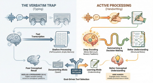 Infographic illustrating the Verbatim Trap concept, showing how typing bypasses cognitive processing while handwriting forces summarization and deeper encoding