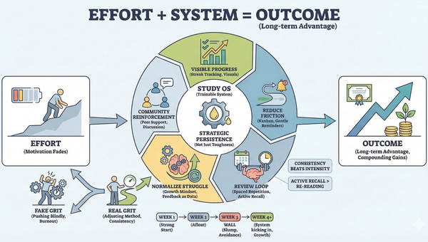 An Infographic that maps a Study OS with Review Loops and Visible Progress to build strategic persistence, helping students overcome the Week-3 Wall for long-term growth.