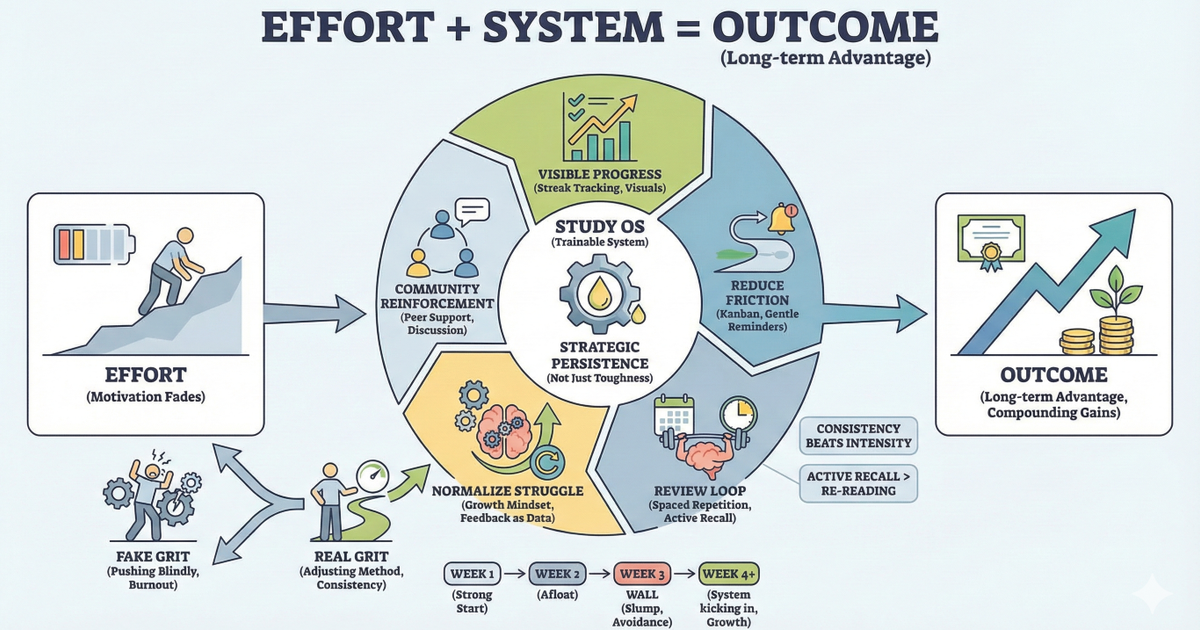 An Infographic that maps a Study OS with Review Loops and Visible Progress to build strategic persistence, helping students overcome the Week-3 Wall for long-term growth.