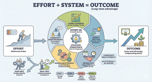 An Infographic that maps a Study OS with Review Loops and Visible Progress to build strategic persistence, helping students overcome the Week-3 Wall for long-term growth.