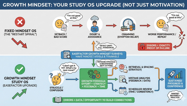 An infographic which compares the 'Restart Spiral' of a fixed mindset—where setbacks lead to avoidance and repeated failure—with a Growth Mindset 'Study OS' that uses the EaseFactor formula of strategy, feedback, and reflection to turn struggle into sustained progress.