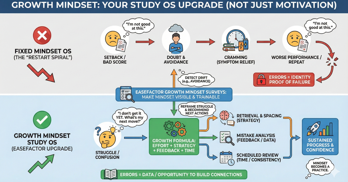 An infographic which compares the 'Restart Spiral' of a fixed mindset—where setbacks lead to avoidance and repeated failure—with a Growth Mindset 'Study OS' that uses the EaseFactor formula of strategy, feedback, and reflection to turn struggle into sustained progress.