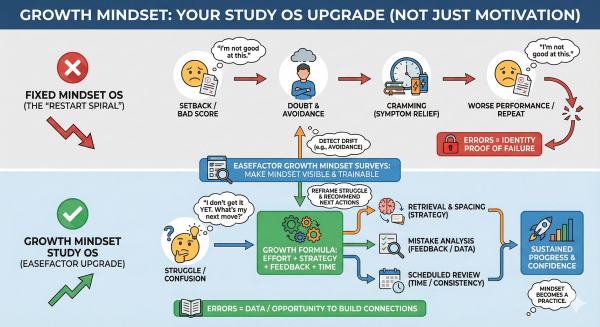 An infographic which compares the 'Restart Spiral' of a fixed mindset—where setbacks lead to avoidance and repeated failure—with a Growth Mindset 'Study OS' that uses the EaseFactor formula of strategy, feedback, and reflection to turn struggle into sustained progress.