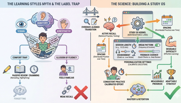 Infographic illustrating the transition from the "Comfort Trap" of passive rereading to a "Study OS" built on active recall and spaced repetition to achieve mastery and long-term retention.