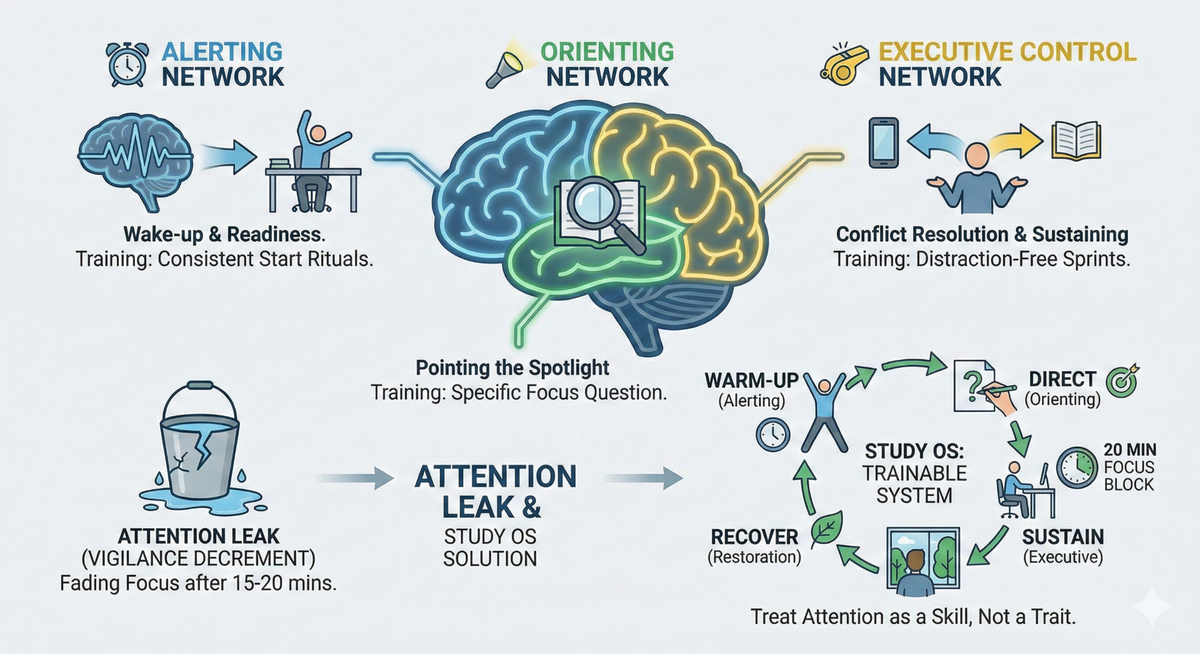 Infographic illustrating Posner's three attention networks (alerting, orienting, executive) and how students can train each to strengthen focus