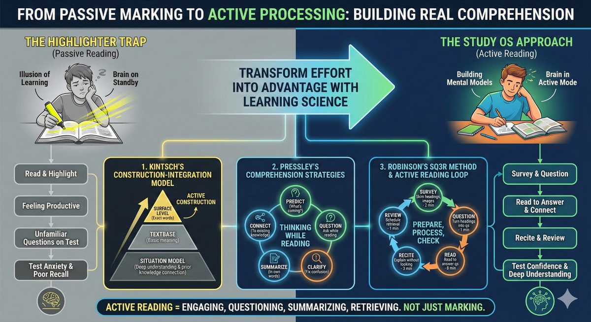 Infographic illustrating the Active Reading Loop framework, showing how surveying, questioning, reading, reciting, and reviewing builds deep comprehension instead of passive highlighting