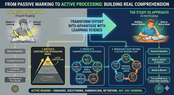 Infographic illustrating the Active Reading Loop framework, showing how surveying, questioning, reading, reciting, and reviewing builds deep comprehension instead of passive highlighting
