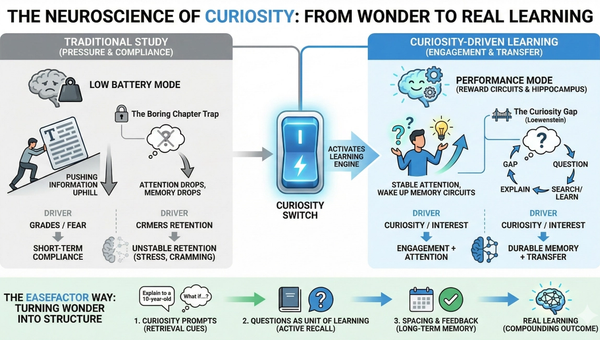 Infographic which explains the neuroscience of curiosity by contrasting traditional study methods with curiosity-driven learning. The visual compares "Low Battery Mode" (driven by fear, grades, and rote memorization) against "Performance Mode," which utilizes reward circuits and the hippocampus to achieve durable memory. It features the "Curiosity Switch" as the catalyst for the "EaseFactor Way" framework, a four-step process for turning wonder into structure through curiosity prompts, active recall via questions, spacing/feedback for long-term memory, and compounding learning outcomes.