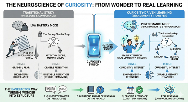 Infographic which explains the neuroscience of curiosity by contrasting traditional study methods with curiosity-driven learning. The visual compares "Low Battery Mode" (driven by fear, grades, and rote memorization) against "Performance Mode," which utilizes reward circuits and the hippocampus to achieve durable memory. It features the "Curiosity Switch" as the catalyst for the "EaseFactor Way" framework, a four-step process for turning wonder into structure through curiosity prompts, active recall via questions, spacing/feedback for long-term memory, and compounding learning outcomes.