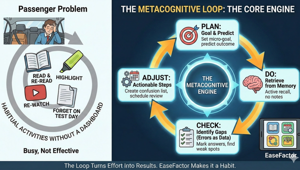 Infographic: Passive 'Passenger' study vs. active 'Study OS.' Shows a Metacognitive Loop (Plan-Do-Check-Adjust) and EaseFactor tools like dashboards and planners to turn effort into visible learning progress.