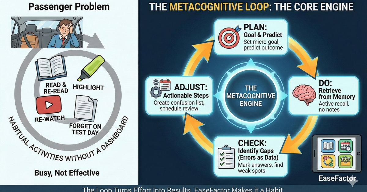 Infographic: Passive 'Passenger' study vs. active 'Study OS.' Shows a Metacognitive Loop (Plan-Do-Check-Adjust) and EaseFactor tools like dashboards and planners to turn effort into visible learning progress.