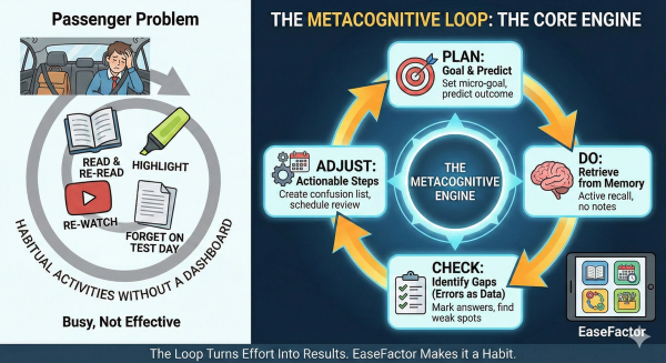 Infographic: Passive 'Passenger' study vs. active 'Study OS.' Shows a Metacognitive Loop (Plan-Do-Check-Adjust) and EaseFactor tools like dashboards and planners to turn effort into visible learning progress.