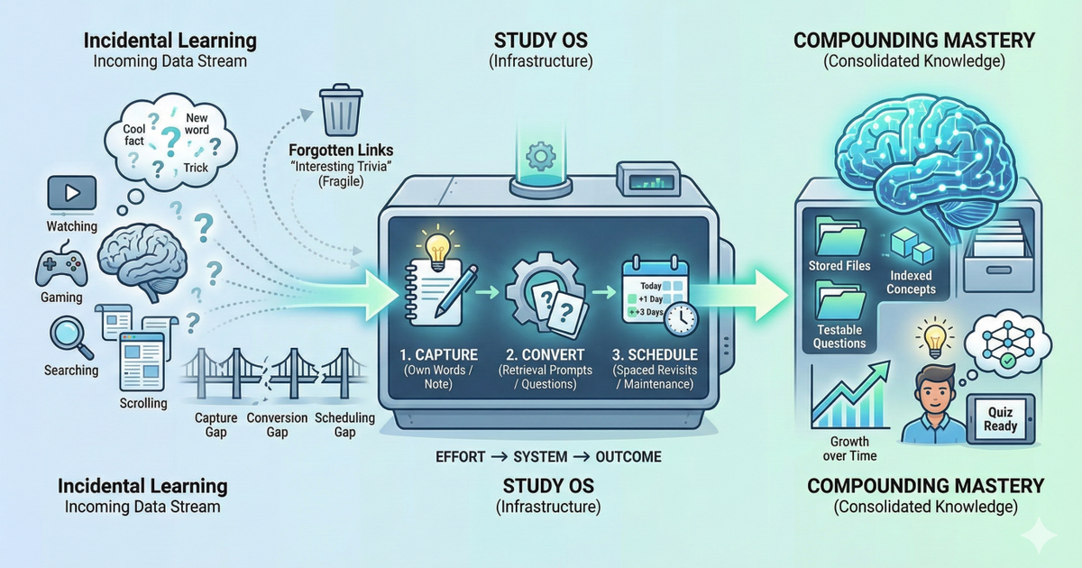 A conceptual infographic showing the process of converting incidental learning (watching, gaming, scrolling) into consolidated knowledge through three steps: Capture, Convert, and Schedule.