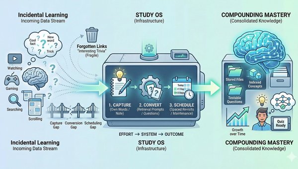 A conceptual infographic showing the process of converting incidental learning (watching, gaming, scrolling) into consolidated knowledge through three steps: Capture, Convert, and Schedule.
