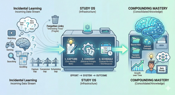 A conceptual infographic showing the process of converting incidental learning (watching, gaming, scrolling) into consolidated knowledge through three steps: Capture, Convert, and Schedule.