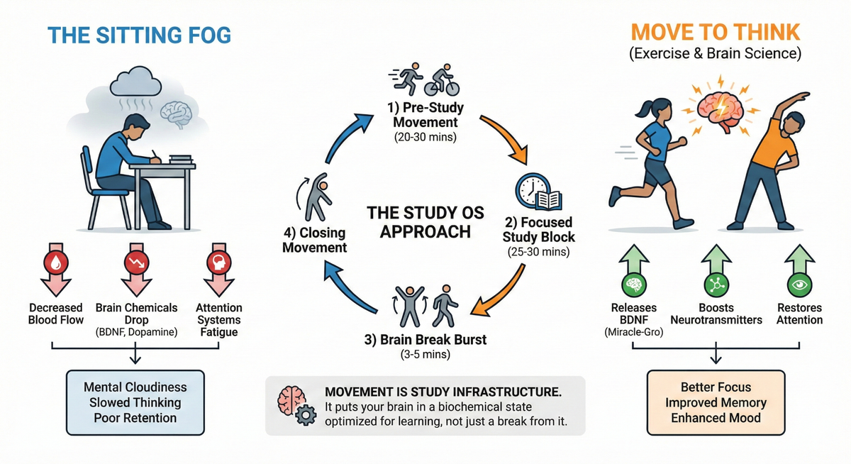 Infographic illustrating the exercise-learning connection, showing how brief movement before and during study releases brain chemicals like BDNF that enhance focus, memory, and cognitive performance