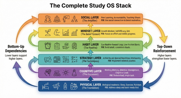 Infographic illustrating the Study OS Stack framework, showing six interconnected layers from physical foundation to social amplification that work together to create effective learning