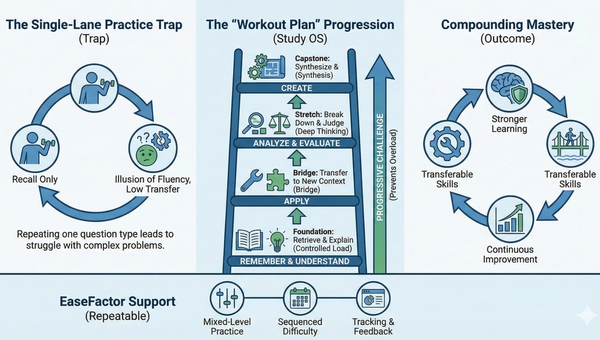 Infographic mapping Bloom's Taxonomy as a "Workout Plan" ladder: moving from Recall to Create to build transferable skills and compounding mastery.