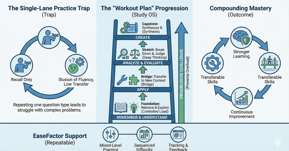Infographic mapping Bloom's Taxonomy as a "Workout Plan" ladder: moving from Recall to Create to build transferable skills and compounding mastery.