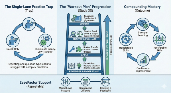 Infographic mapping Bloom's Taxonomy as a "Workout Plan" ladder: moving from Recall to Create to build transferable skills and compounding mastery.