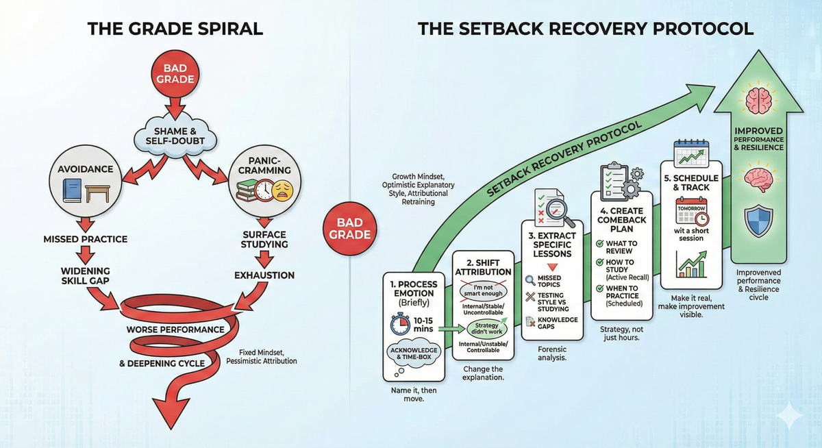 Infographic illustrating the Setback Recovery Protocol, showing how to transform a bad grade from shame spiral into actionable comeback plan through attribution retraining and growth mindset