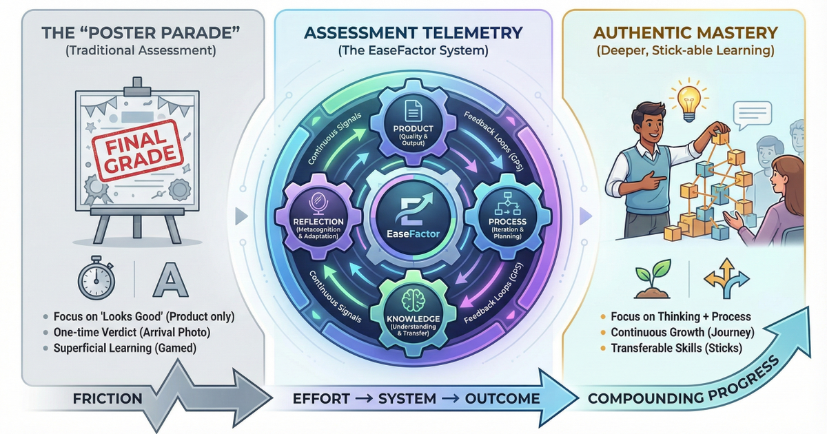 Infographic that compares traditional assessment, termed the "Poster Parade," with the EaseFactor System of assessment telemetry, illustrating how a shift from static grading to continuous feedback loops leads to Authentic Mastery.