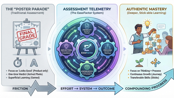 Infographic that compares traditional assessment, termed the "Poster Parade," with the EaseFactor System of assessment telemetry, illustrating how a shift from static grading to continuous feedback loops leads to Authentic Mastery.